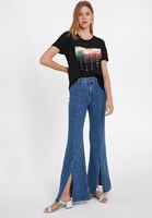 Bayan Mavi Yüksek Bel Yırtmaç Detaylı Pantolon