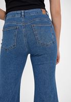 Bayan Mavi Yüksek Bel Yırtmaç Detaylı Pantolon