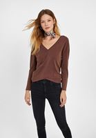 Bayan Kahverengi V Yaka Yumuşak Tuşeli Bluz