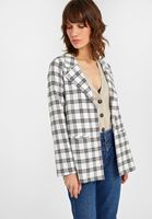 Bayan Krem Ekose Desenli Blazer Ceket