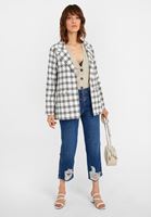 Bayan Krem Ekose Desenli Blazer Ceket