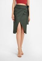 Bayan Yeşil Kemer Detaylı Cepli Etek