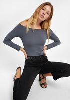 Bayan Gri Bot Yaka Uzun Kollu Bluz