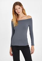 Bayan Gri Bot Yaka Uzun Kollu Bluz