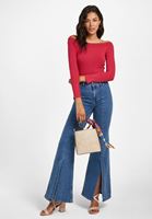 Bayan Pembe Bot Yaka Uzun Kollu Bluz