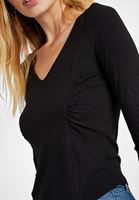 Bayan Siyah V Yaka Büzgü Detaylı Bluz