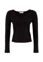 Bayan Siyah V Yaka Büzgü Detaylı Bluz