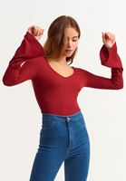 Bayan Kiremit V Yaka Flare Kollu Tişört