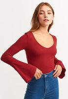 Bayan Kiremit V Yaka Flare Kollu Tişört