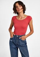 Bayan Kırmızı Kayık Yaka Kısa Kollu Tişört