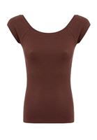 Bayan Kahverengi Kayık Yaka Kısa Kollu Tişört