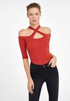 Bayan Kiremit Kesik Yaka Detaylı Tişört