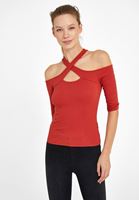 Bayan Kiremit Kesik Yaka Detaylı Tişört