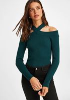 Bayan Yeşil Kesik Detaylı Triko Kazak