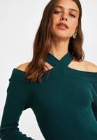 Bayan Yeşil Kesik Detaylı Triko Kazak