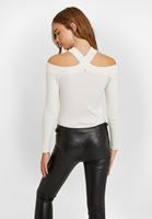 Bayan Krem Kesik Detaylı Triko Kazak