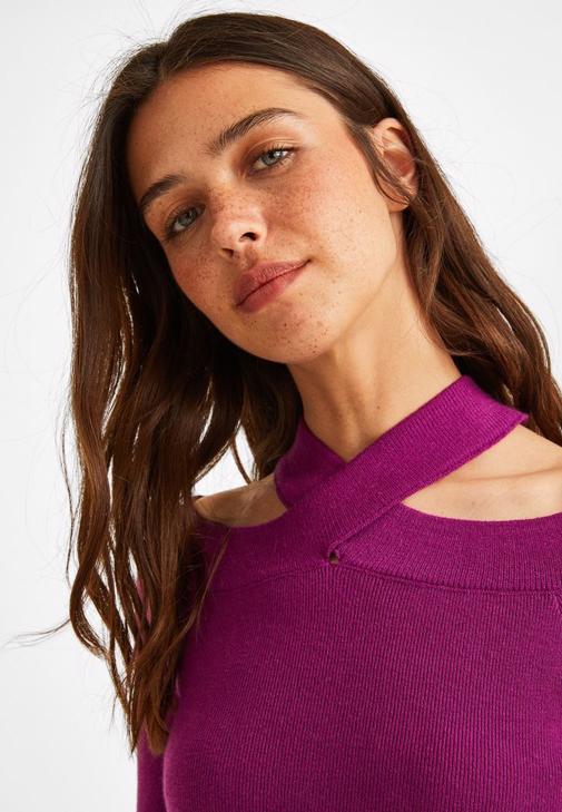 Mor Kesik Detaylı Triko Kazak