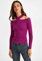 Bayan Mor Kesik Detaylı Triko Kazak