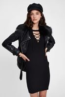 Bayan Siyah Lace Up Detaylı Triko Elbise