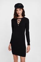 Bayan Siyah Lace Up Detaylı Triko Elbise