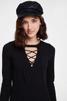 Bayan Siyah Lace Up Detaylı Triko Elbise