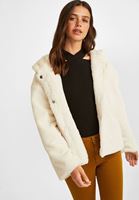 Bayan Krem Kapüşonlu Kısa Kürk Ceket