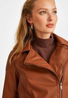 Bayan Kahverengi Biker Deri Ceket