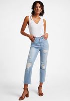 Bayan Mavi Yüksek Bel Crop Straight Pantolon