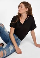 Bayan Siyah Kesik Detaylı Tişört