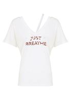 Bayan Krem V Yaka Baskılı Tişört