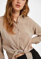 Bayan Bej Uzun Kollu Bağlama Detaylı Gömlek ( MODAL )