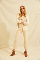 Bayan Krem Yüksek Bel Crop Straight Jean
