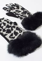 Bayan Siyah Vegan Kürklü Desenli Eldiven