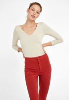 Bayan Krem V Yaka Uzun Kollu Tişört