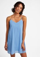 Bayan Mavi Askı Detaylı Mini Elbise