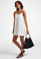 Bayan Krem Askı Detaylı Mini Elbise