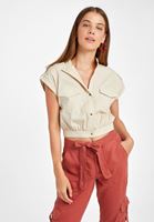 Bayan Krem Cep Detaylı Kısa Gömlek