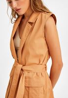 Bayan Bej Cep Detaylı Uzun Yelek 