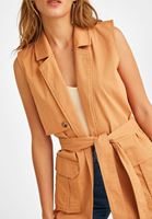 Bayan Bej Cep Detaylı Uzun Yelek 