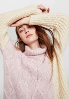 Bayan Pembe Boğazlı Blok Desen Triko