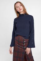 Bayan Lacivert Düğmeli Flare Kol Kazak