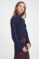 Bayan Lacivert Düğmeli Flare Kol Kazak