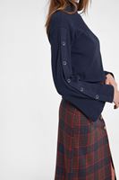 Bayan Lacivert Düğmeli Flare Kol Kazak