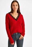 Bayan Kırmızı Dantel V Yaka Triko