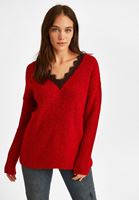 Bayan Kırmızı Dantel V Yaka Triko