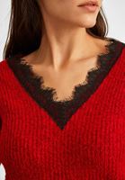 Bayan Kırmızı Dantel V Yaka Triko