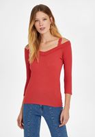 Bayan Kırmızı V Yaka Dantel Detaylı Triko