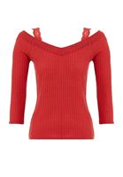 Bayan Kırmızı V Yaka Dantel Detaylı Triko