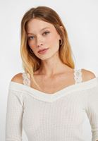 Bayan Krem V Yaka Dantel Detaylı Triko