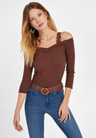 Bayan Kahverengi V Yaka Dantel Detaylı Triko